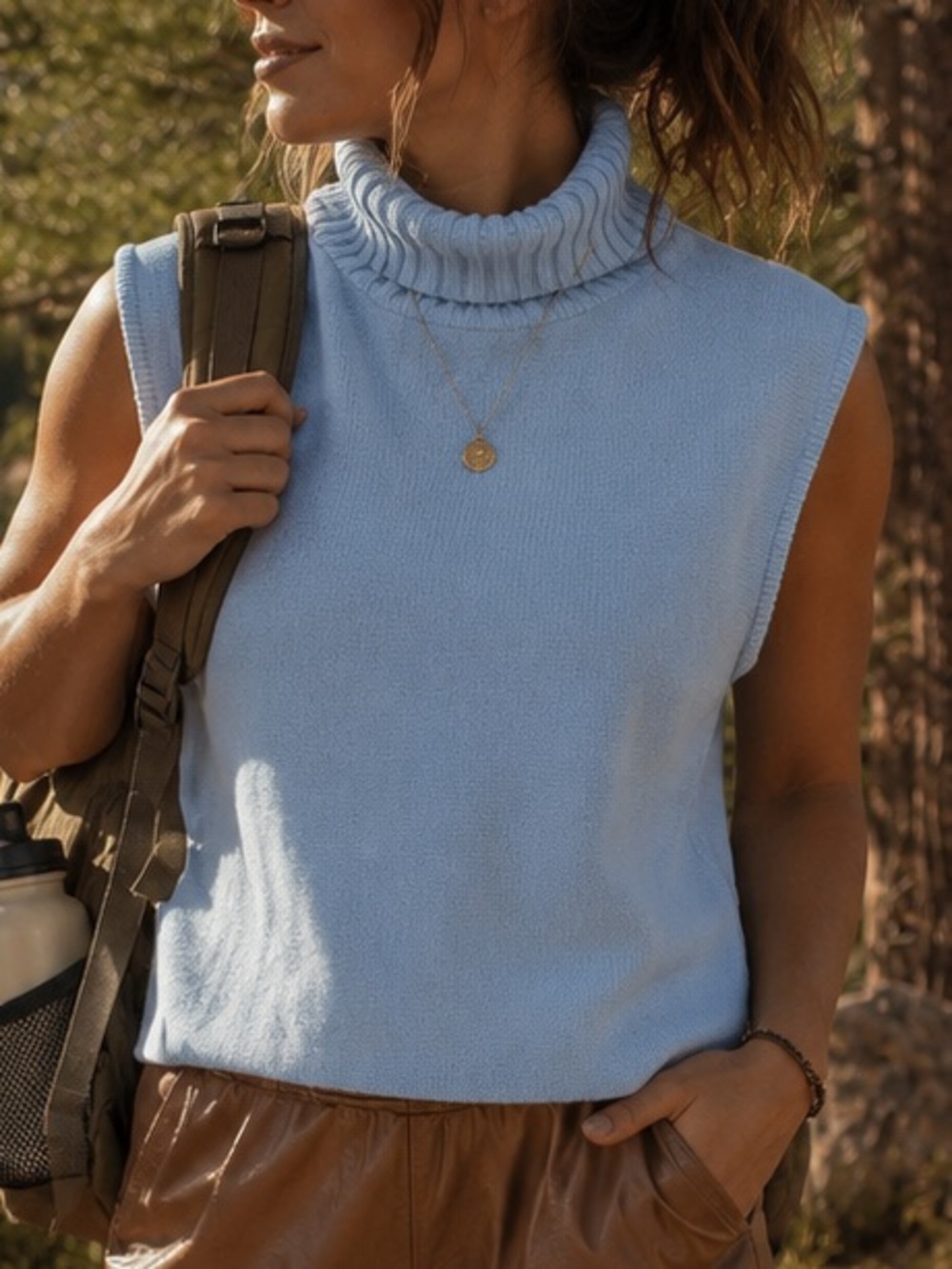 Sleeveless Turtleneck Sweater Vest Light Blue Knit Size M Pre-Loved Hiking Camp